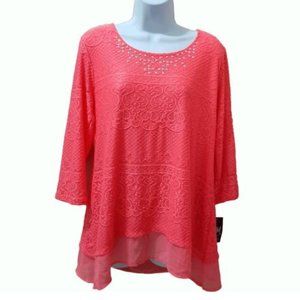 JM COLLECTION Lace Chiffon Hem Top Coral Size Small